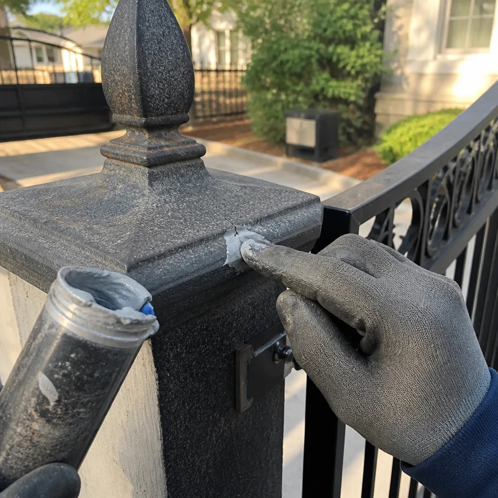 Professional applying metal filler for gate repair and crack restoration