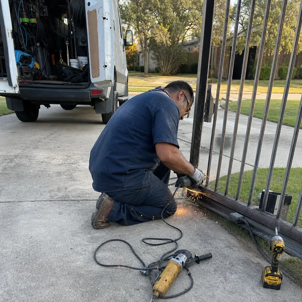 Technician using a grinder for professional residential gate repair services