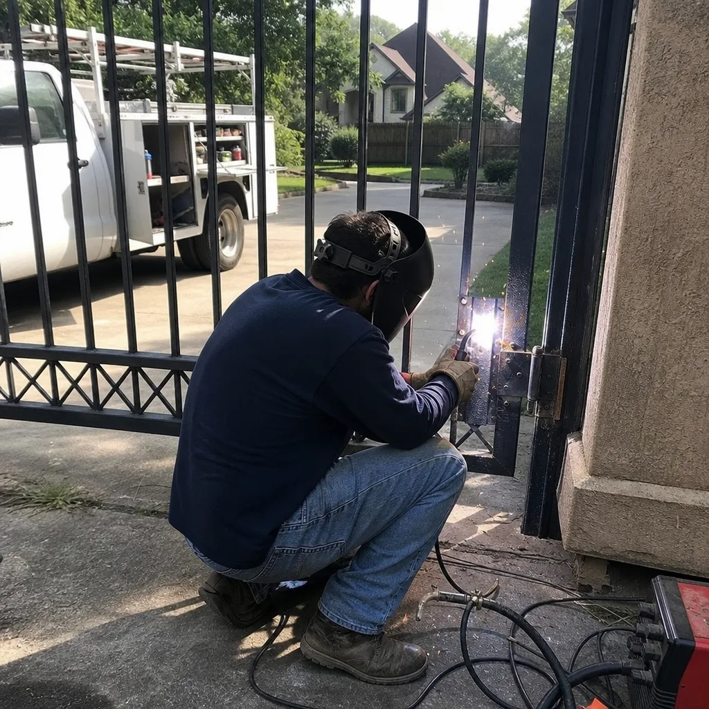 Professional welder performing residential metal gate repair service